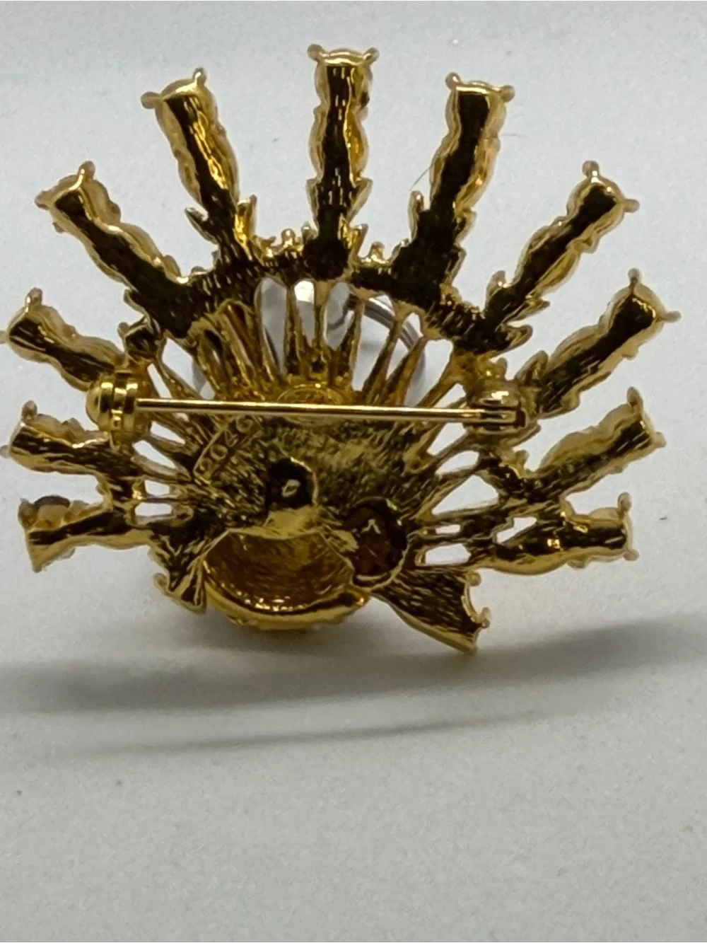 Vintage Signed Peacock Brooch 1.75” Gold Tone Rhinestone Enamel Pin Red Green St